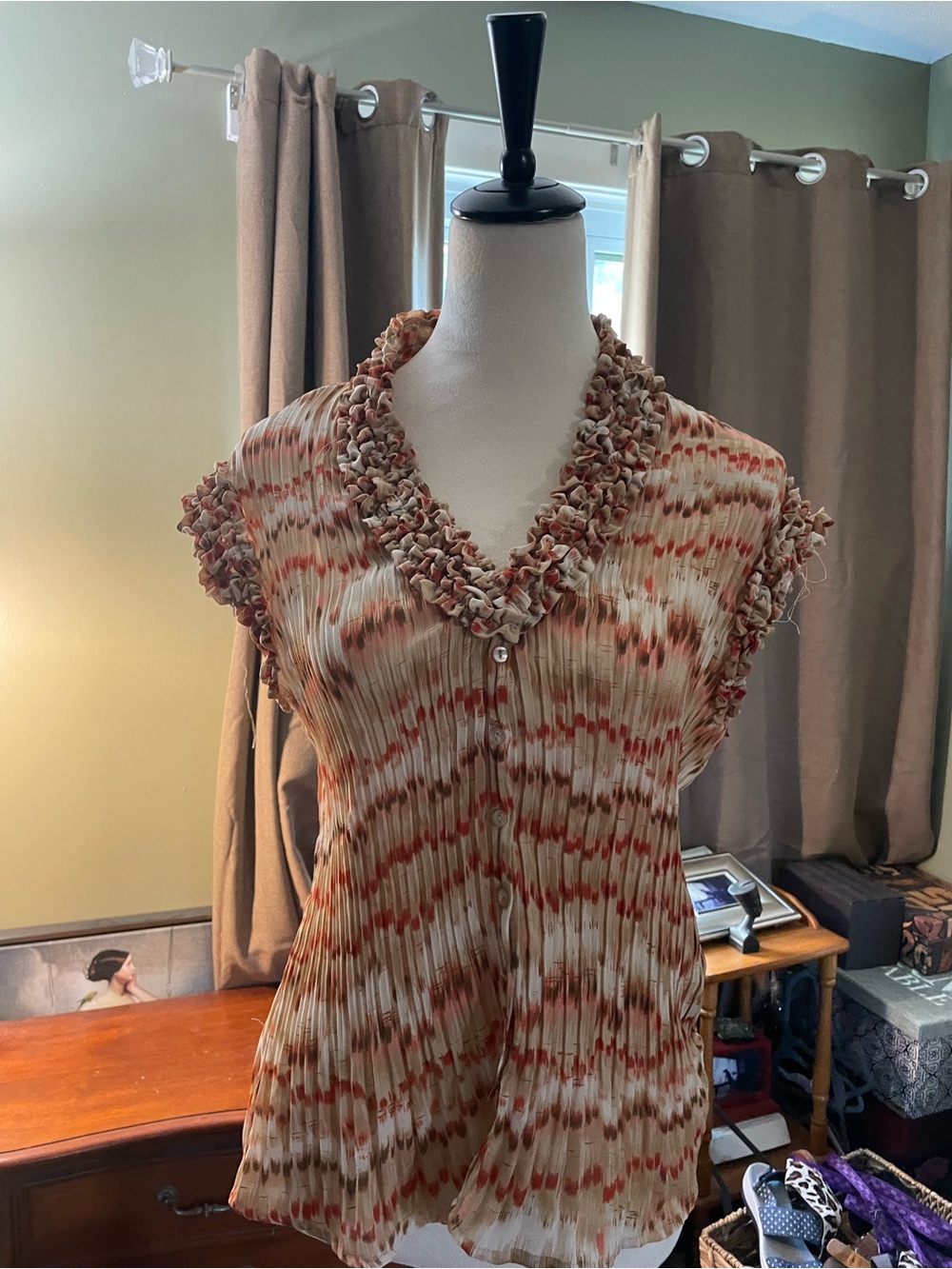 Sunny Leigh Pleated Ruffled V-Neck Blouse in Brown and Cream with Rust Accents